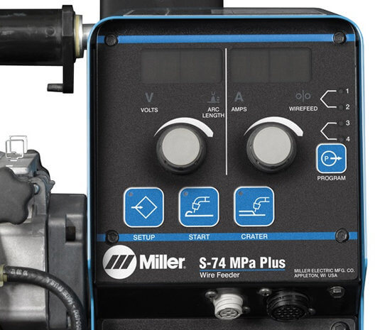 Miller S-74 MPa Plus Wire Feeder close up of control panel on welder