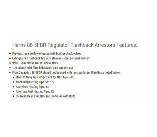 Harris Model 88-5 FBR Regulator-Type Flashback Arrestor (R&L) 4301651 Specifications