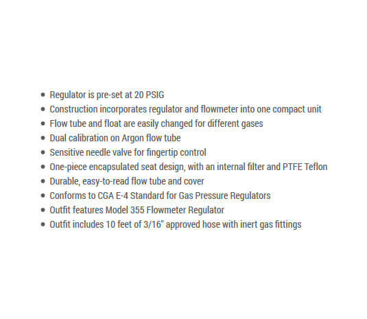 Key information Harris® Model 355-2AR-58010 Medium/Heavy Duty Single Stage Argon Flowgauge Kit With 10' Hose specs