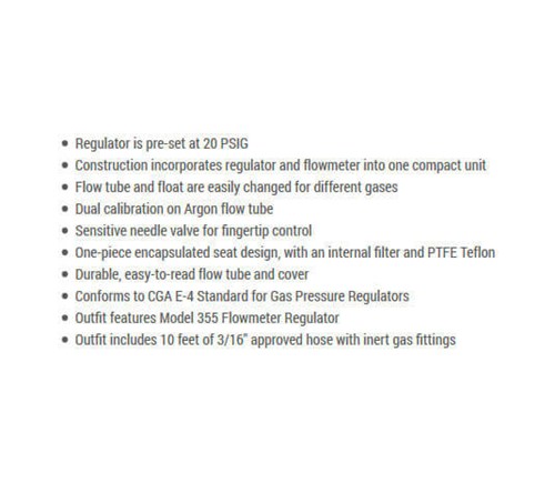 Key information Harris® Model 355-2AR-58010 Medium/Heavy Duty Single Stage Argon Flowgauge Kit With 10' Hose specs