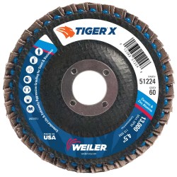 Weiler 4-1/2" Tiger X Flap Disc, Flat (TY27), Phenolic Backing, 60Z, 7/8" Arbor Hole (10 Pk) #51224