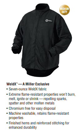 WeldX Jacket 2471 Black medium duty welding jacket on white background with features listed below