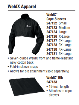 Cape Sleeves and Bib Miller WeldX Jacket #2471 (14,21) Cape Sleeves and Bib Miller WeldX Jacket #2471 (14,21) List of sizes specs and features of WeldX cape sleeves and bib