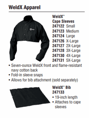 Cape Sleeves and Bib Miller WeldX Jacket #2471 (14,21) List of sizes specs and features of WeldX cape sleeves and bib