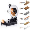 Rage 2 Chop Saw Graphic with saw and materials it cuts wood composite ferrous non-ferrous metals laminates plastics