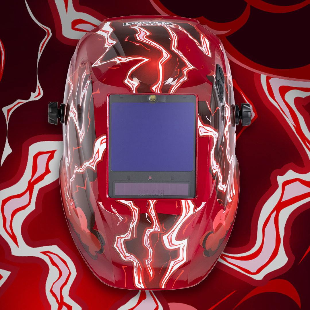 front view of Lincoln Electric VIKING™ 3350 ADV Welding Helmet, Red Strike™, K5754-5 with design