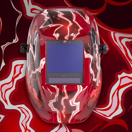 front view of Lincoln Electric VIKING™ 3350 ADV Welding Helmet, Red Strike™, K5754-5 with design