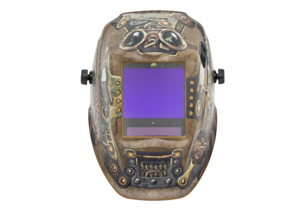 Faux metal gears and pipes welding helmet design