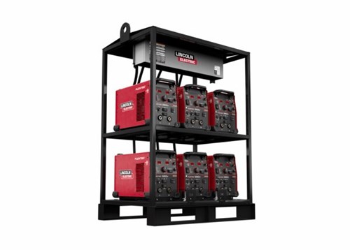 Compact rack that houses and protects 6 Flextec 350X Construction model power sources