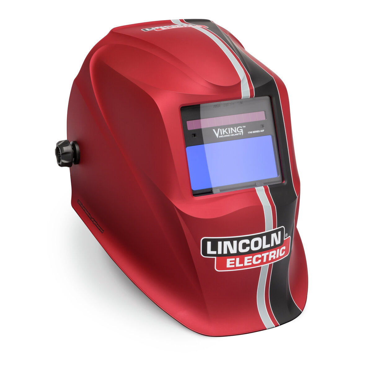 Glossy red and black welding helmet
