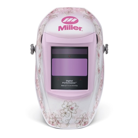 Miller women's welding helmet with pink flower design