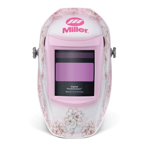 Miller women's welding helmet with pink flower design