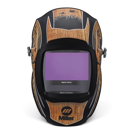 Miller auto-darkening welding helmet with wood grain pattern