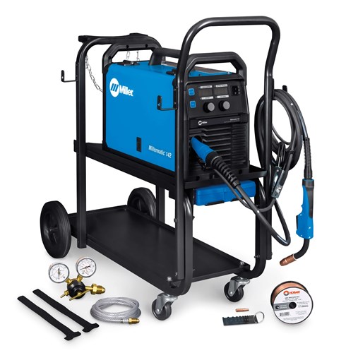 Millermatic 142 MIG welder #951000072 on cart with MIG gun package