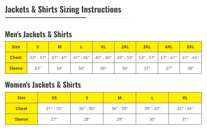 Revco Black Stallion shirt/jacket size chart