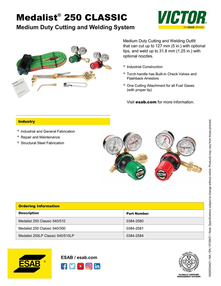 VICTOR Medalist G250-510 Medalist Classic Outfit #0384-2580 - Fact Sheet