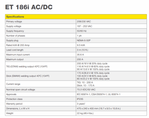 ET 186i ESAB AC/DC Stick/TIG Welding System Specs
